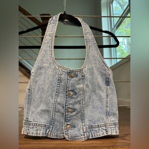 American Eagle Light Wash Denim Button-Front Halter Top medium
